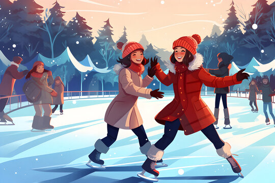 winter skates, ice skating, ice rink, winter Symbol, winter leisure concept, Christmas lights, children winter holidays concept, Banner size