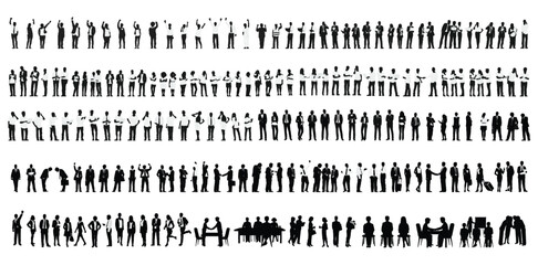 Mega big set of business people silhouette, man and woman team, isolated on white background	