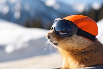 Murmeltiere im Gebirge mit Skibrille und Mütze