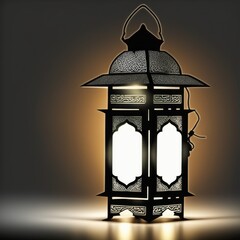 An ornamental Arabic lantern with colorful glass glowing on a dark background, a greeting for Ramadan and Eid.