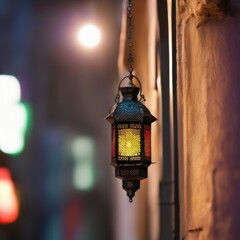 An ornamental Arabic lantern with colorful glass glowing. The blurred city showing in the background. A greeting for Ramadan and Eid.
