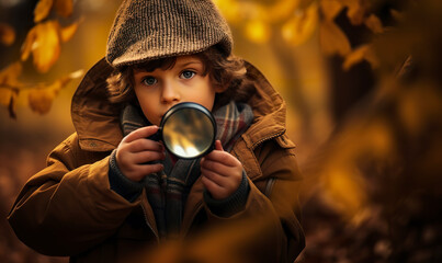 A cute little boy with magnifying glass in his hand in a park. Curious little boy with magnifying glass in hand in autumn park on natural background.