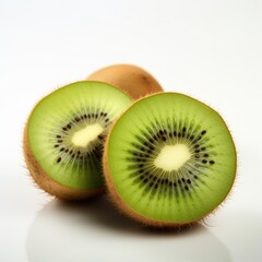 Two kiwis cut in half on a white surface. Photorealistic, on white background