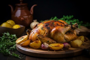 Close-up view of a delectable roasted chicken and potatoes. Generative AI