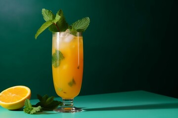 Refreshing orange juice with mint, cream, on a multicolor background. Ideal summer drink to beat the heat. Generative AI