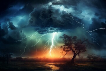 Vibrant stormy tornado with lightning background. Generative AI - obrazy, fototapety, plakaty