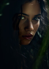 Close-up of a young woman's face in dimly lit forest. Woman's face with an expression of fear and admiration in a dark forest.