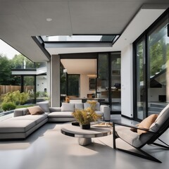 Fototapeta premium Living room in a bright modern house open floor plan minimalist style.