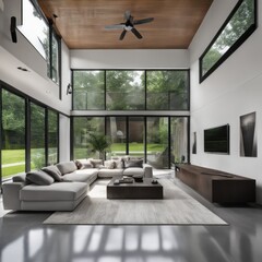 Fototapeta premium Living room in a bright modern house open floor plan minimalist style.