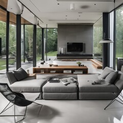 Living room in a bright modern house open floor plan minimalist style.