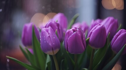 bouquet of purple tulips in a vase on the windowsill