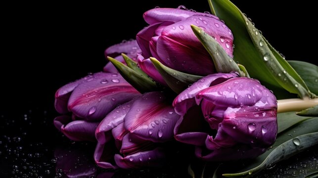 bouquet of purple tulips with water drops on black background