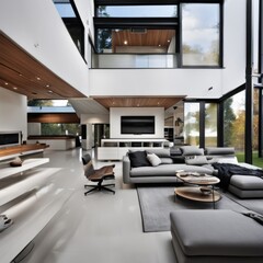 Fototapeta premium Living room in a bright modern house open floor plan minimalist style.