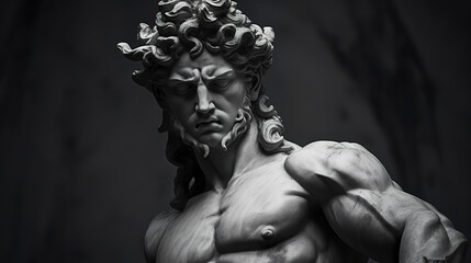 Illustration of marble statue of a Greek god in black and white. Muscular greek god statue with beard in mystery and epic feel.