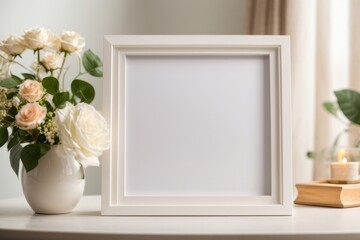 Empty photo frames on a wooden table with some plants