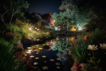 Fototapeta na wymiar Nighttime garden with vibrant colors, water, moonlit scenery. Generative AI