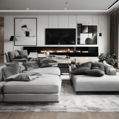 Living room in a bright modern house open floor plan minimalist style.