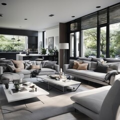 Living room in a bright modern house open floor plan minimalist style.