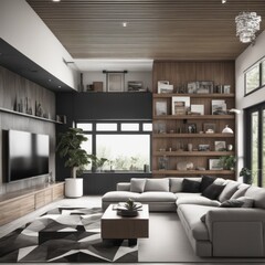 Living room in a bright modern house open floor plan minimalist style.