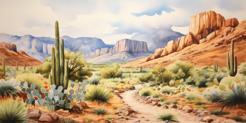 West Texas Big Bend Cactus Watercolor Painting - Desert Landscape Artwork with Beautiful Cacti, Mountains, and a Watercolor Technique, generative AI