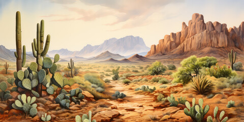 West Texas Big Bend Cactus Watercolor Painting - Desert Landscape Artwork with Beautiful Cacti, Mountains, and a Watercolor Technique, generative AI