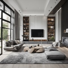 Living room in a bright modern house open floor plan minimalist style.