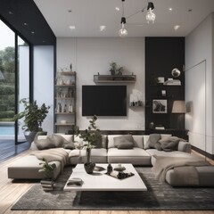 Living room in a bright modern house open floor plan minimalist style.