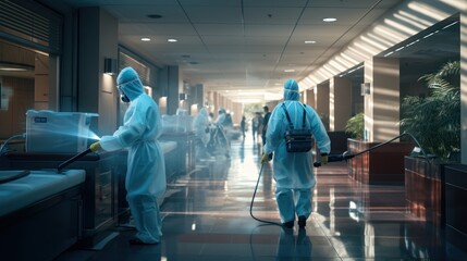 Teams of sanitation workers are thoroughly cleaning and sanitizing hospitals to ensure safety for patients and healthcare workers - obrazy, fototapety, plakaty