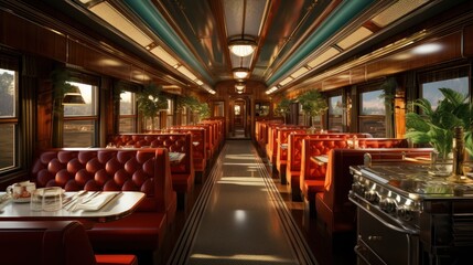 The train interior includes dining cars, offering restaurant-quality services and a variety of meal options for passengers - obrazy, fototapety, plakaty