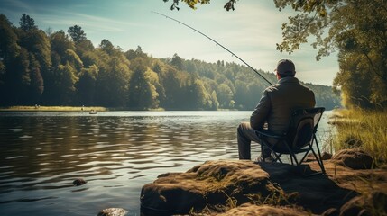 Anglers are enjoying a peaceful day, fishing along the banks of rivers and lakes, surrounded by nature - obrazy, fototapety, plakaty
