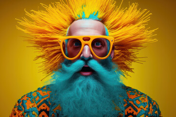pop art portrait of a man with a beard and sunglasses. yellow and blue abstract hipster. guy is bright and fashionable.