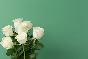 White roses in a vase on a clean plain background, with minimalist style, template, copy space for text