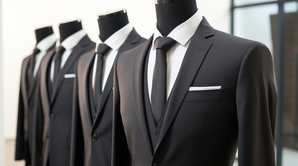 Classic black suits are displayed elegantly