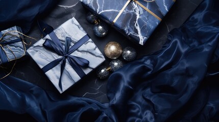 Gift boxes Christmas background. Blue, white, gold and silver colors. Top view