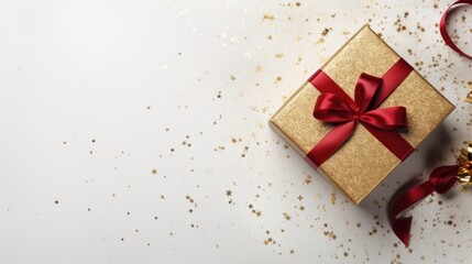 Obraz na płótnie Canvas Gold gift box with red ribbon. Christmas background. Top view