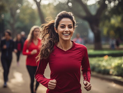 Hermosa mujer joven, latina, de cabello casta&ntilde;o, ejercit&aacute;ndose, corriendo en un parque de la Ciudad de M&eacute;xico