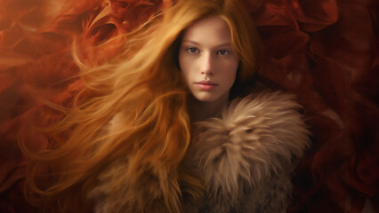 A studio portrait of a young female model with red hair and wearing a large fur boa. Red backdrop of simulated flames. 