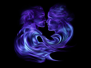 Abstract Couple in Motion on a Black Background with Purple Smoke in Studio