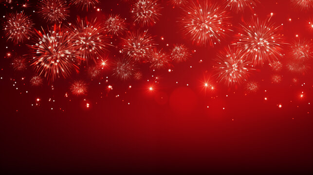 Gold fireworks celebration on red background.