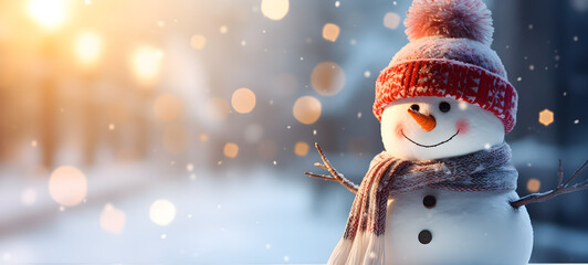 Closeup of a cute snowman wearing a wool hat and scarf, laughing and surrounded by snowy landscape and bokeh lights, The sun shines bright on this winter holiday Christmas banner with copy space - obrazy, fototapety, plakaty