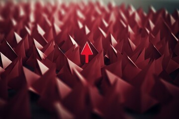 Red paper plane standing out from the crowd. Generative AI