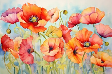 Watercolor painting of vibrant poppies. Generative AI