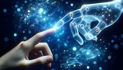 Human finger interacts with a luminous digital robotic hand, symbolizing the convergence of humanity and advanced technology in a sparkling blue universe. - obrazy, fototapety, plakaty