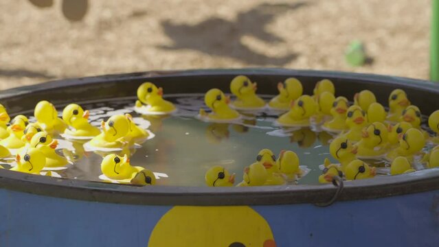 This video shows a small blue pool of carnival game rubber duckies floating around in circles. 