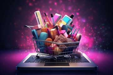 cosmetics in shopping basket on laptop, digital rendering. Generative AI