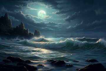 Moonlight over the ocean with crashing waves. Generative AI