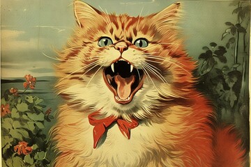 A vintage greeting card featuring an amusing feline. Generative AI