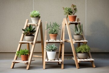 Collection of wooden plant stands with 3 tiers for displaying succulents. Generative AI