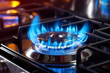 Gas stove in the kitchen. Closeup shot of blue fire from kitchen stove. Gas cooker with burning flames propane gas.