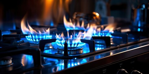 Gas stove in the kitchen. Closeup shot of blue fire from kitchen stove. Gas cooker with burning flames propane gas. - obrazy, fototapety, plakaty